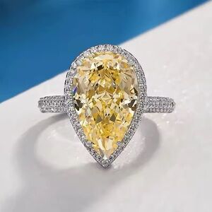 Platinum Plate Canary Yellow  Shiny Vibrant TearDrop Ring Pave Cubic Z diamond 7